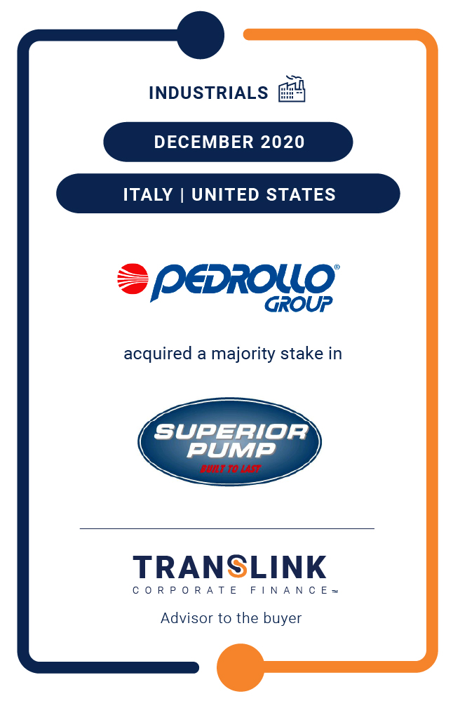 Translink acted as advisor to the Pedrollo Group on its acquisition of Superior Pump in the United States