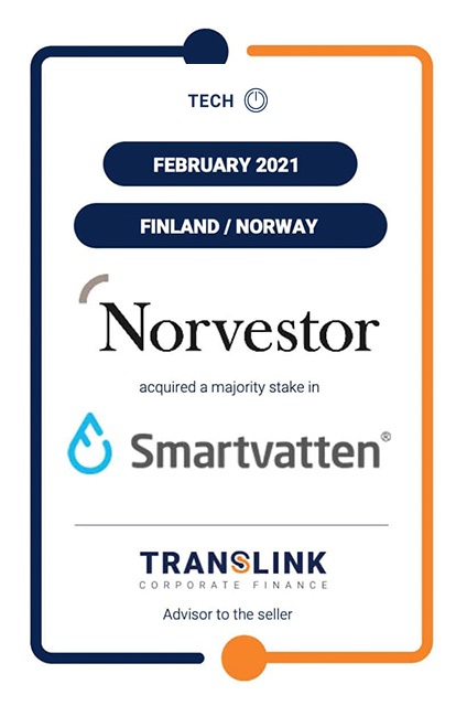 TRANSLINK ADVISES NORDIC WATER TECHNOLOGY COMPANY SMARTVATTEN IN THE SALE OF A MAJORITY STAKE TO NORVESTOR
