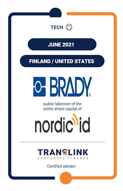 NORDIC ID OYJ PUBLIC TAKEOVER BY BRADY CORPORATION – FIRST EVER NASDAQ FIRST NORTH FINLAND PUBLIC BID