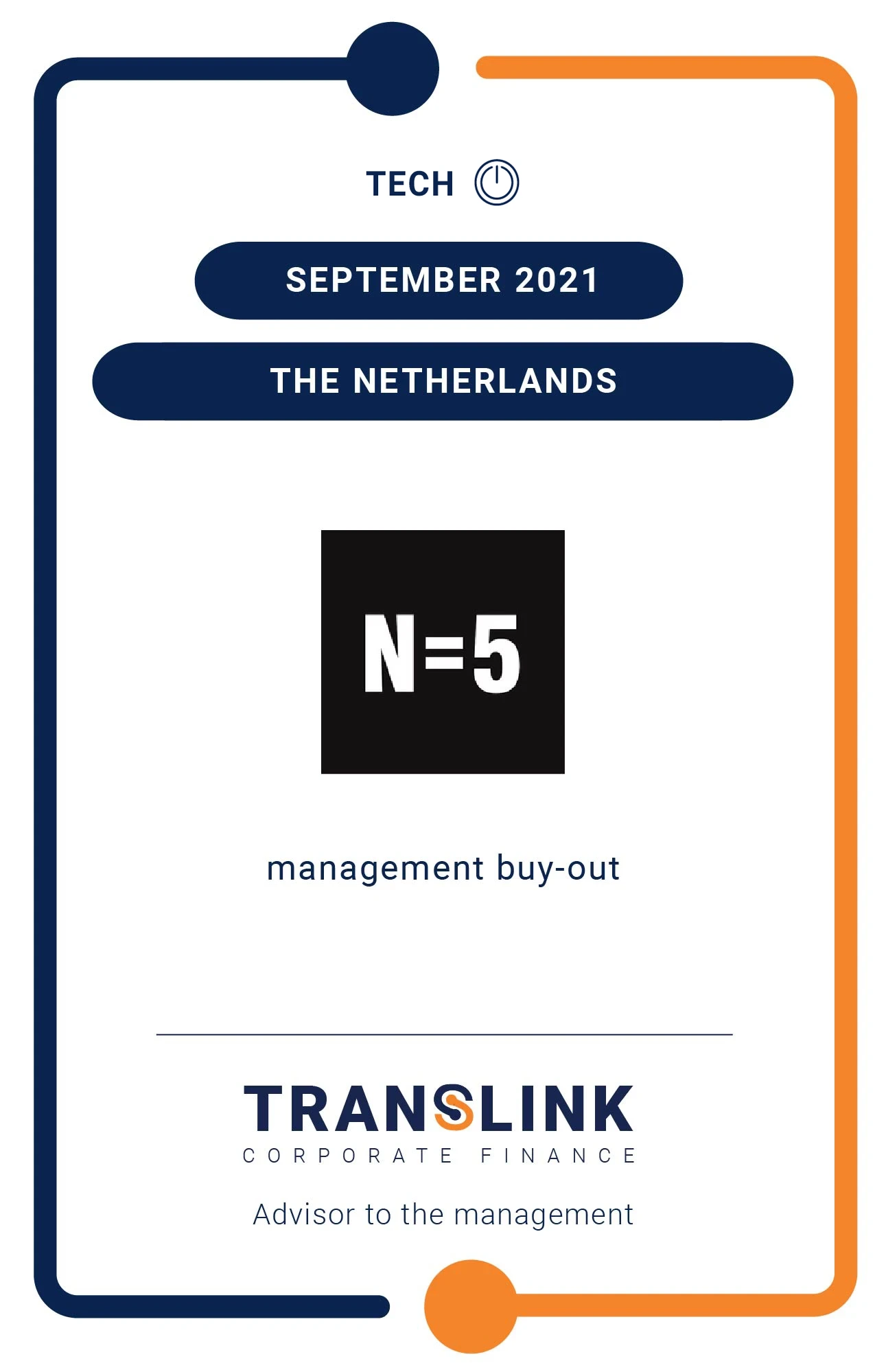 Translink Corporate Finance acted as the exclusive advisor to the management of N=5 on the management buy-out