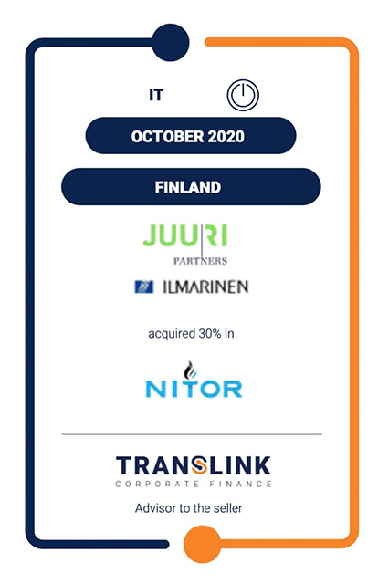 Juuri Partners and Ilmarinen acquire 30% in digital engineering company Nitor Group. Translink advised Nitor Group and its founding partners in the transaction