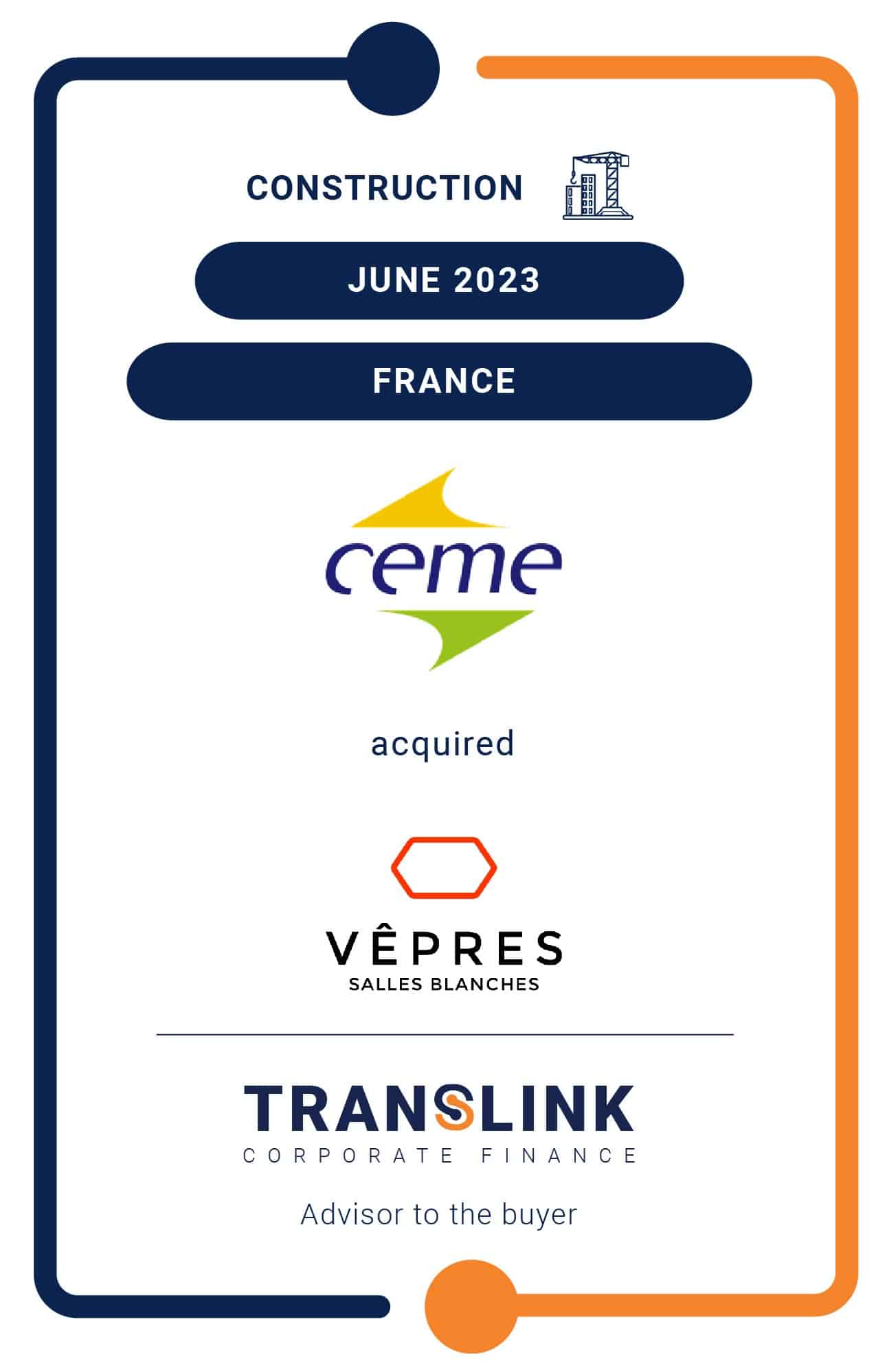 Translink Corporate Finance acted as the advisor to Groupe CEME in the majority stake acquisition of VÊPRES