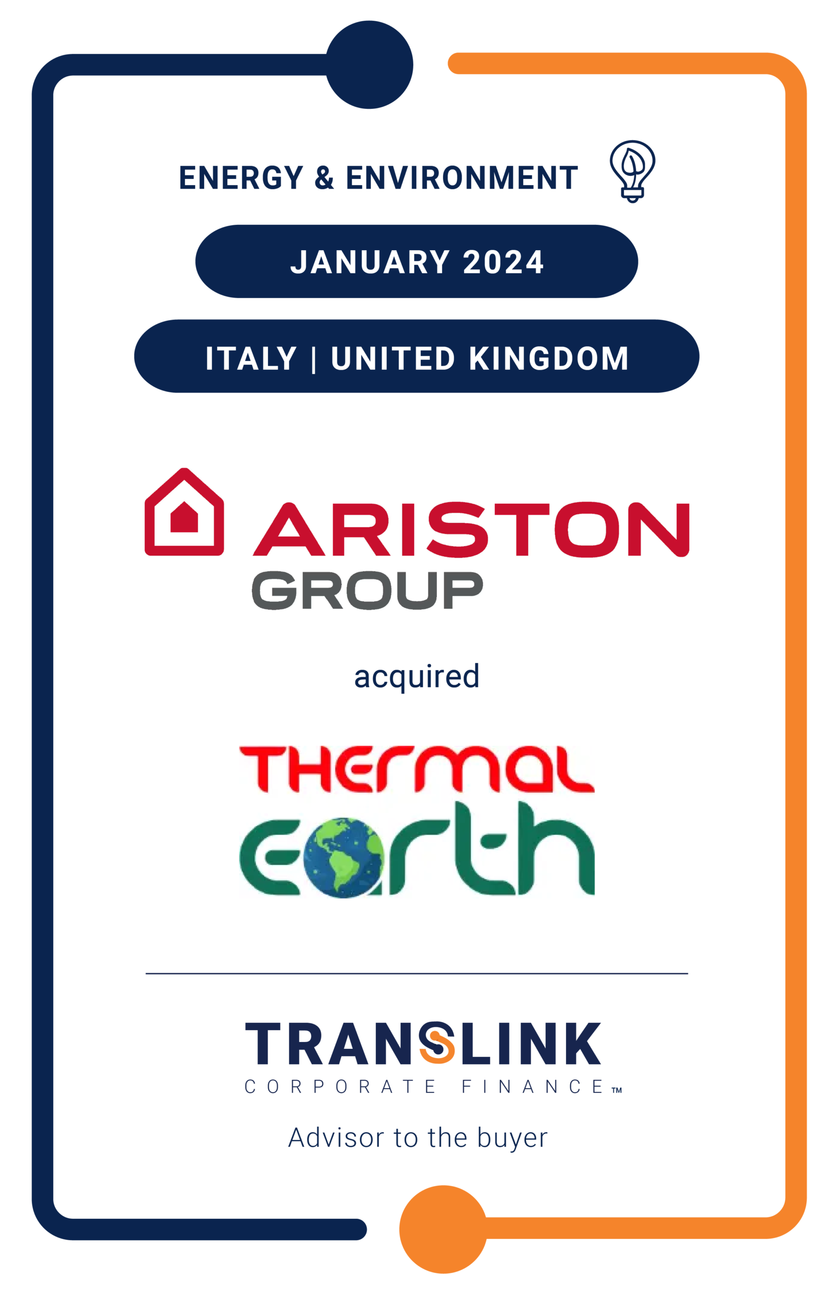 Translink Corporate Finance Acted As The Advisor To Ariston Group On The Acquisition Of Thermal Earth