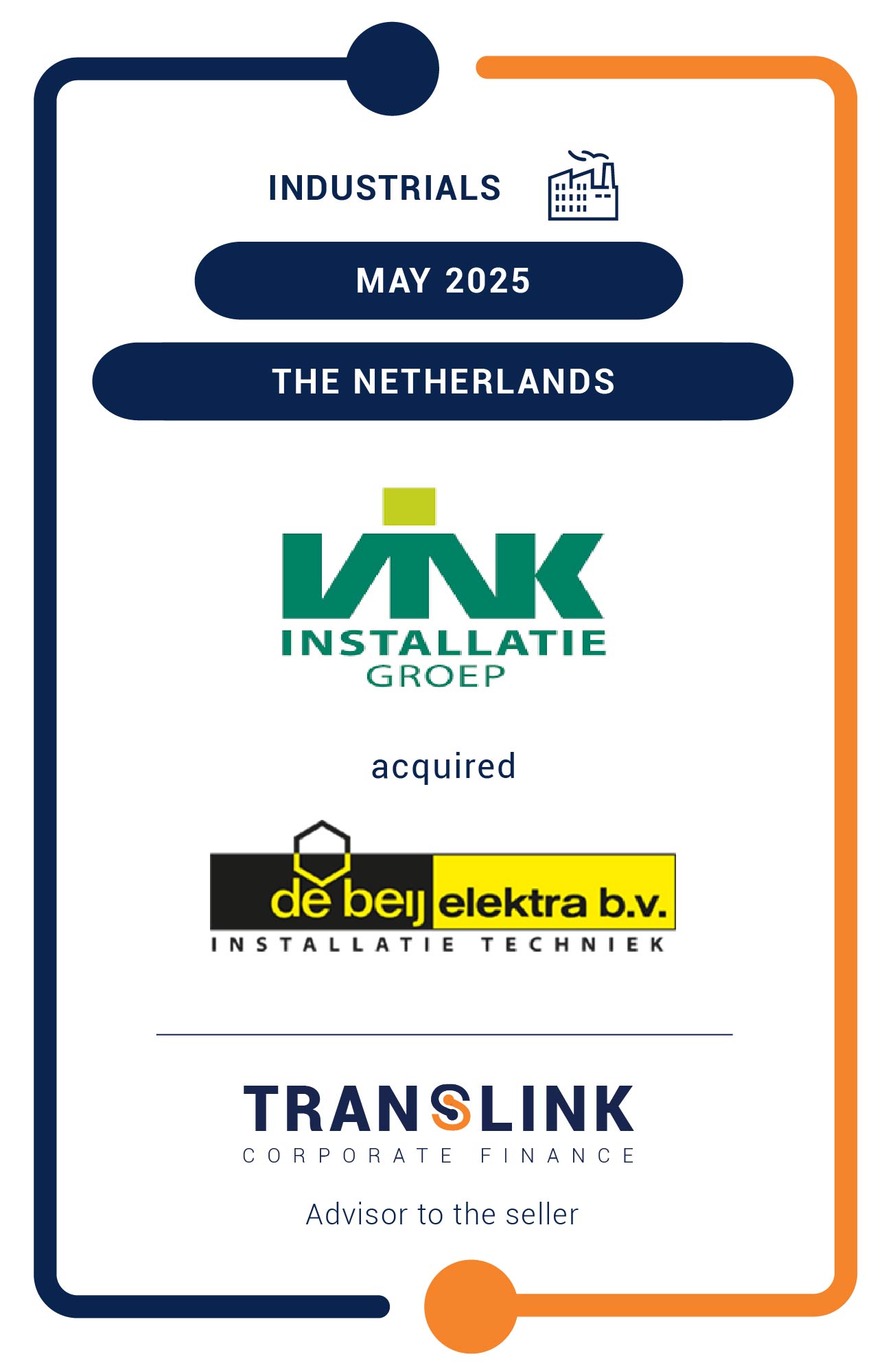 Translink Corporate Finance acted as the advisor to De Beij Elektra on its sale to Vink Installatie Groep