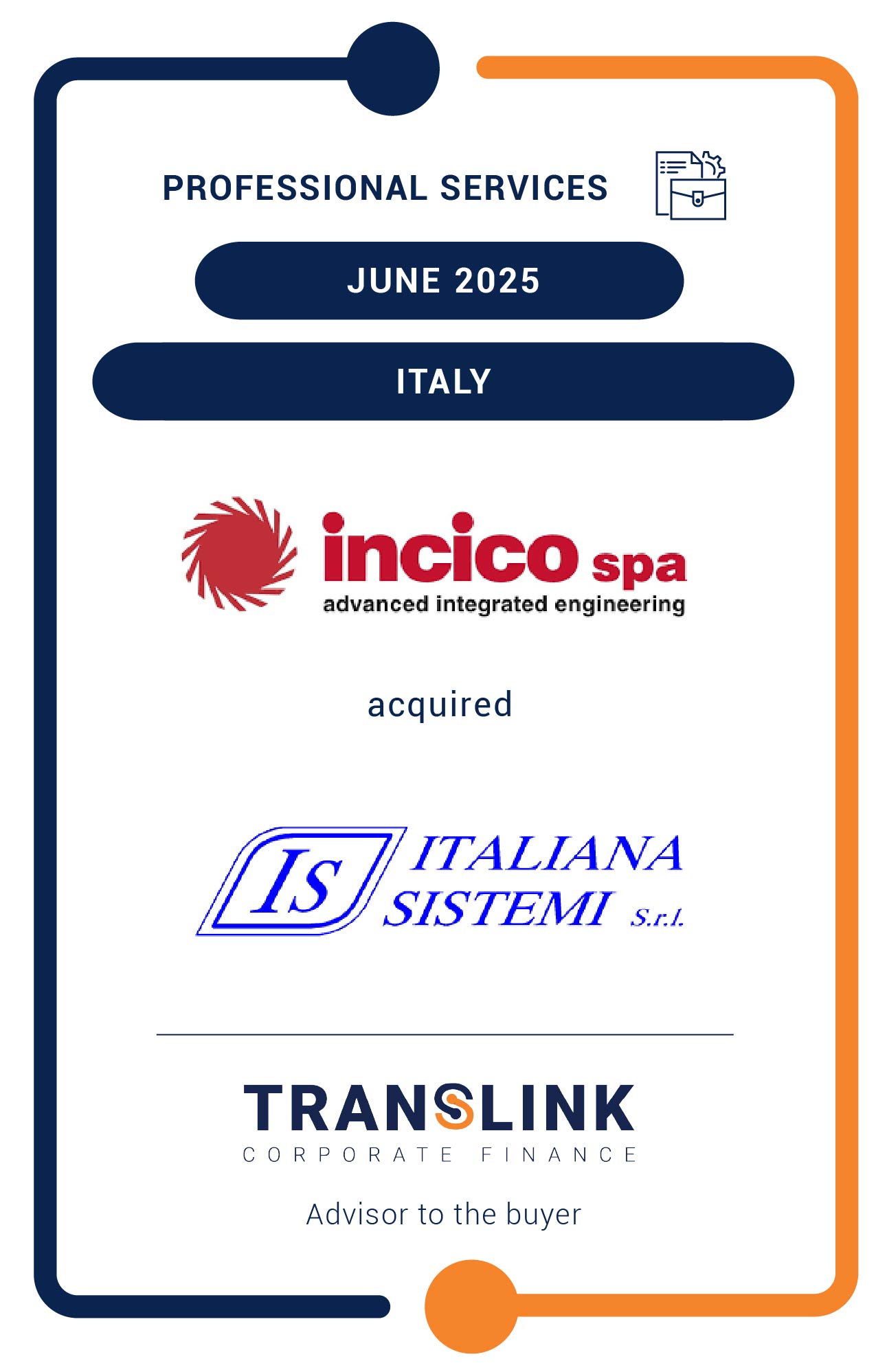 Translink Corporate Finance acted as the financial advisor to Incico in the acquisition of Italiana Sistemi