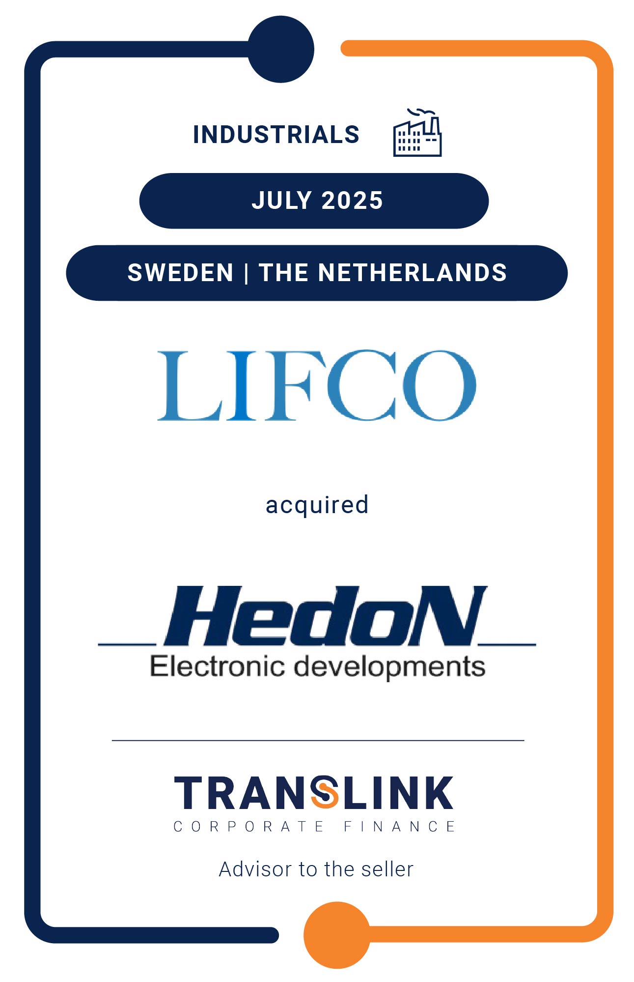 Translink Corporate Finance acted as the advisor to the shareholder of HedoN on the sale to Lifco