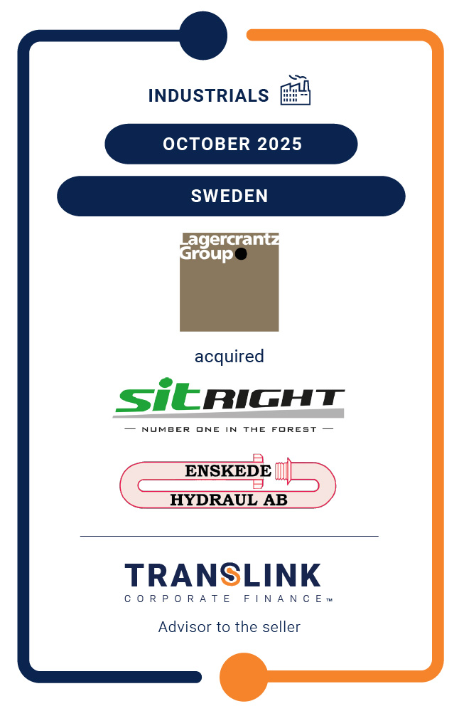 Translink Corporate Finance acted as the advisor to Sit Right and Enskede Hydraul in the sale to Lagercrantz Group