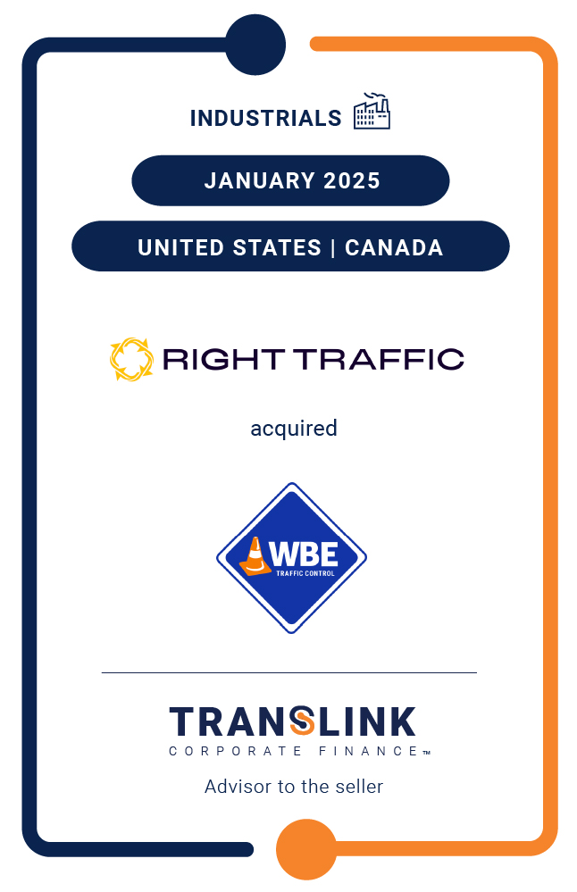Translink Corporate Finance’s US partner, Dinan Capital Advisors, advised WBE Traffic Control Inc. on its sale to Right Traffic