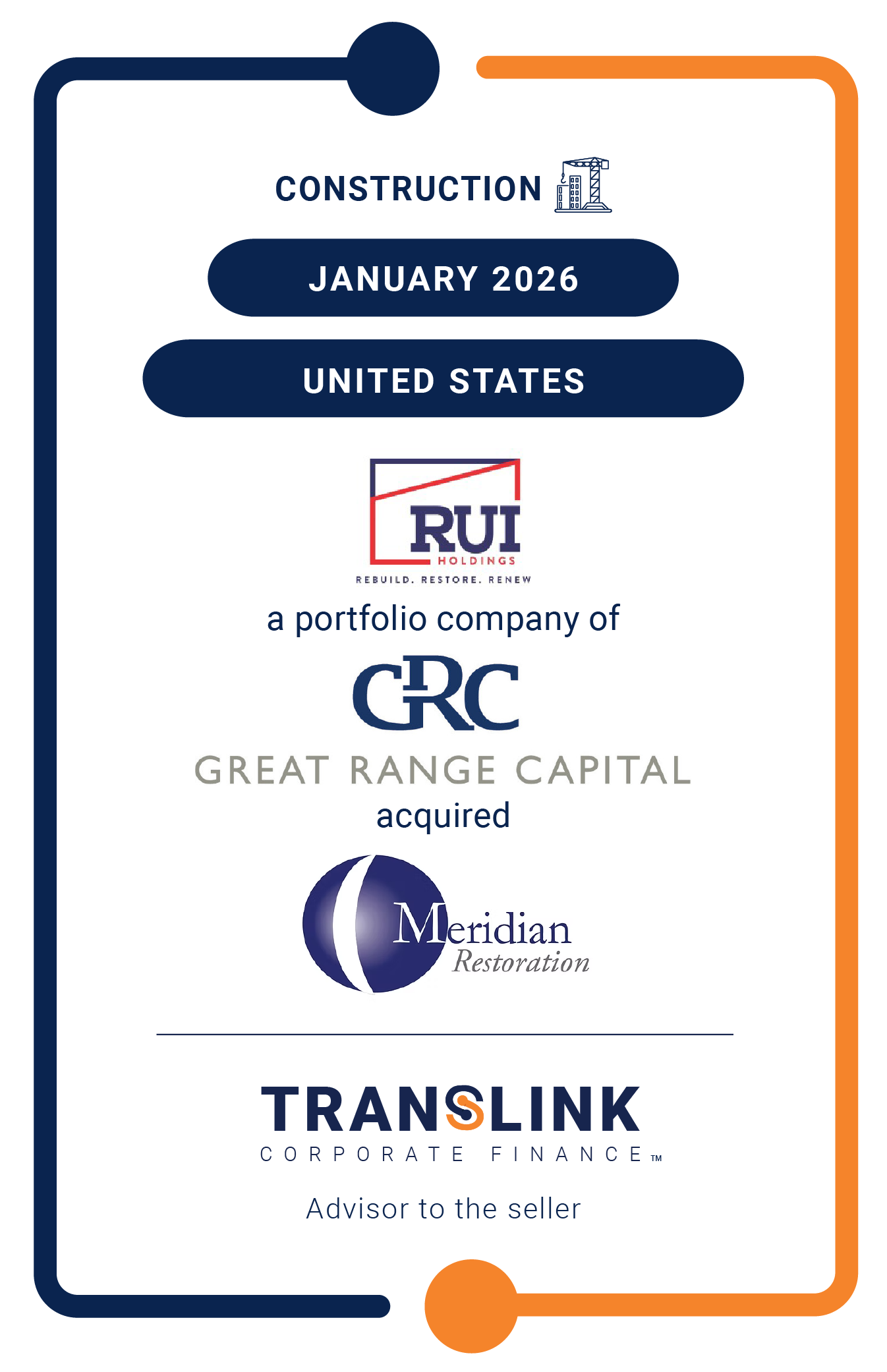 Translink CF’s US partner, Dinan Capital Advisors, advised Meridian Restoration on its sale to RUI Holdings