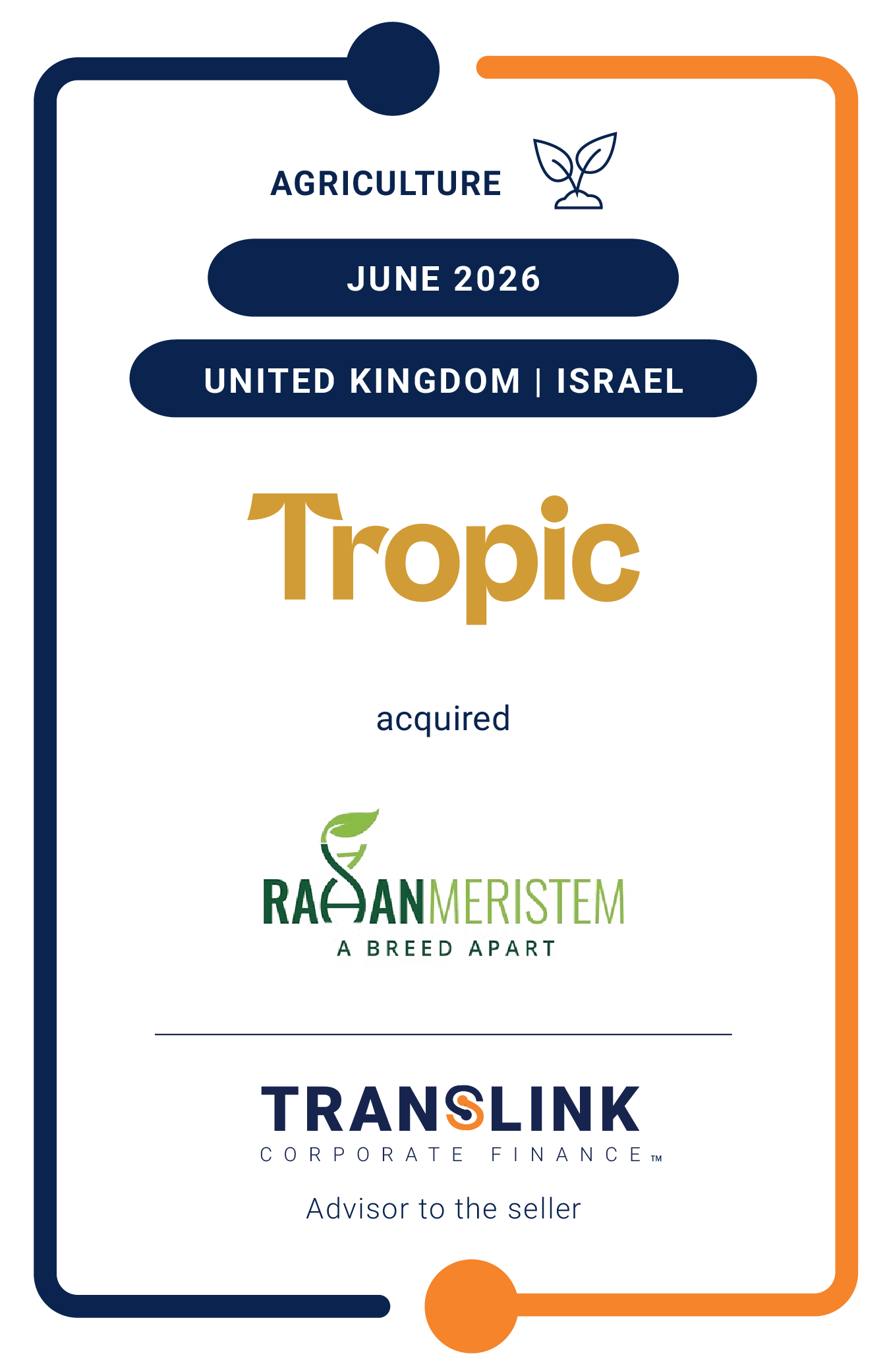 Translink Corporate Finance advised Rahan Meristem on its sale to Tropic Biosciences