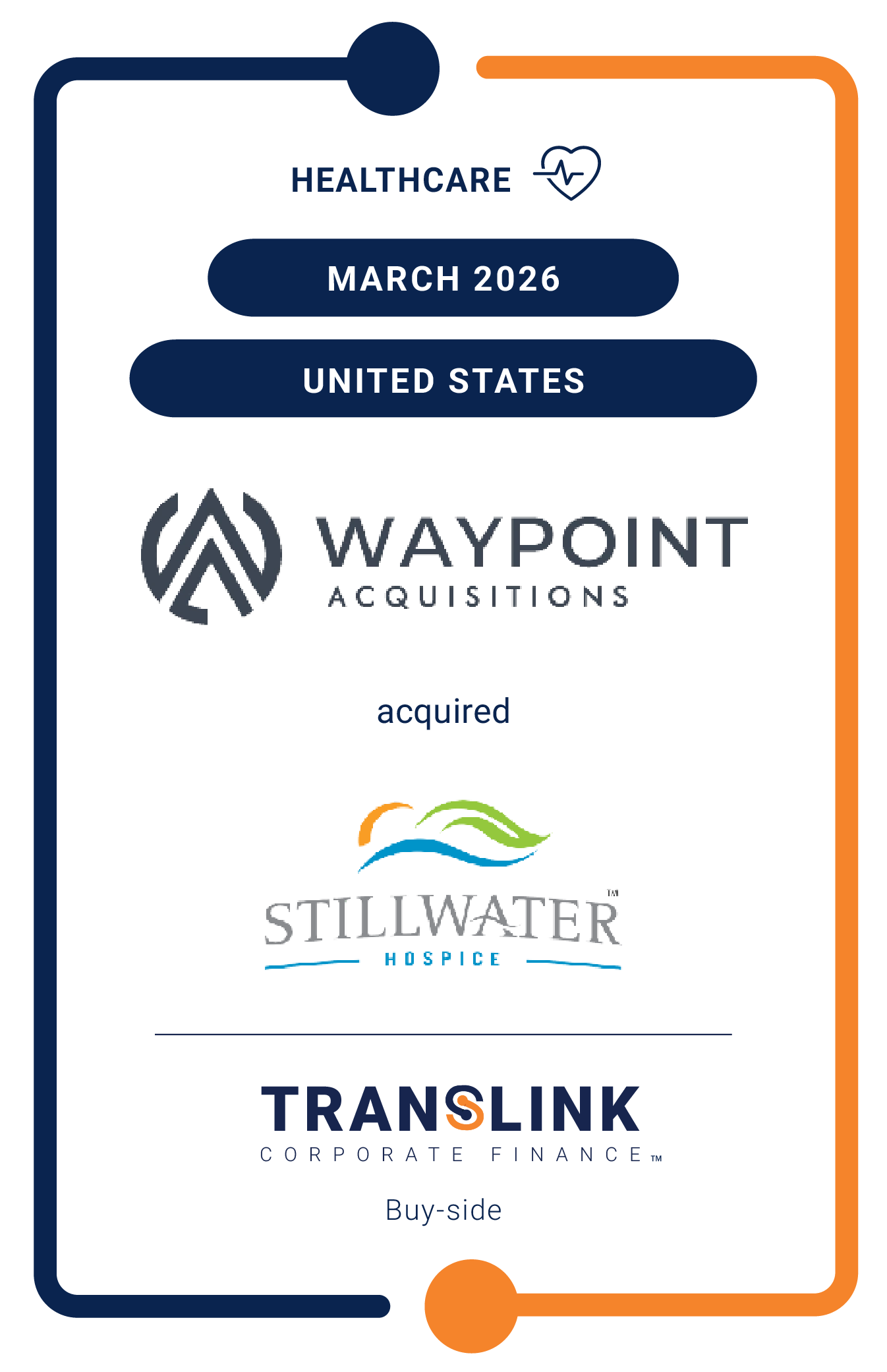 Translink Corporate Finance’s US partner, Dinan & Company, initiated the acquisition of Stillwater Hospice by Waypoint Acquisitions