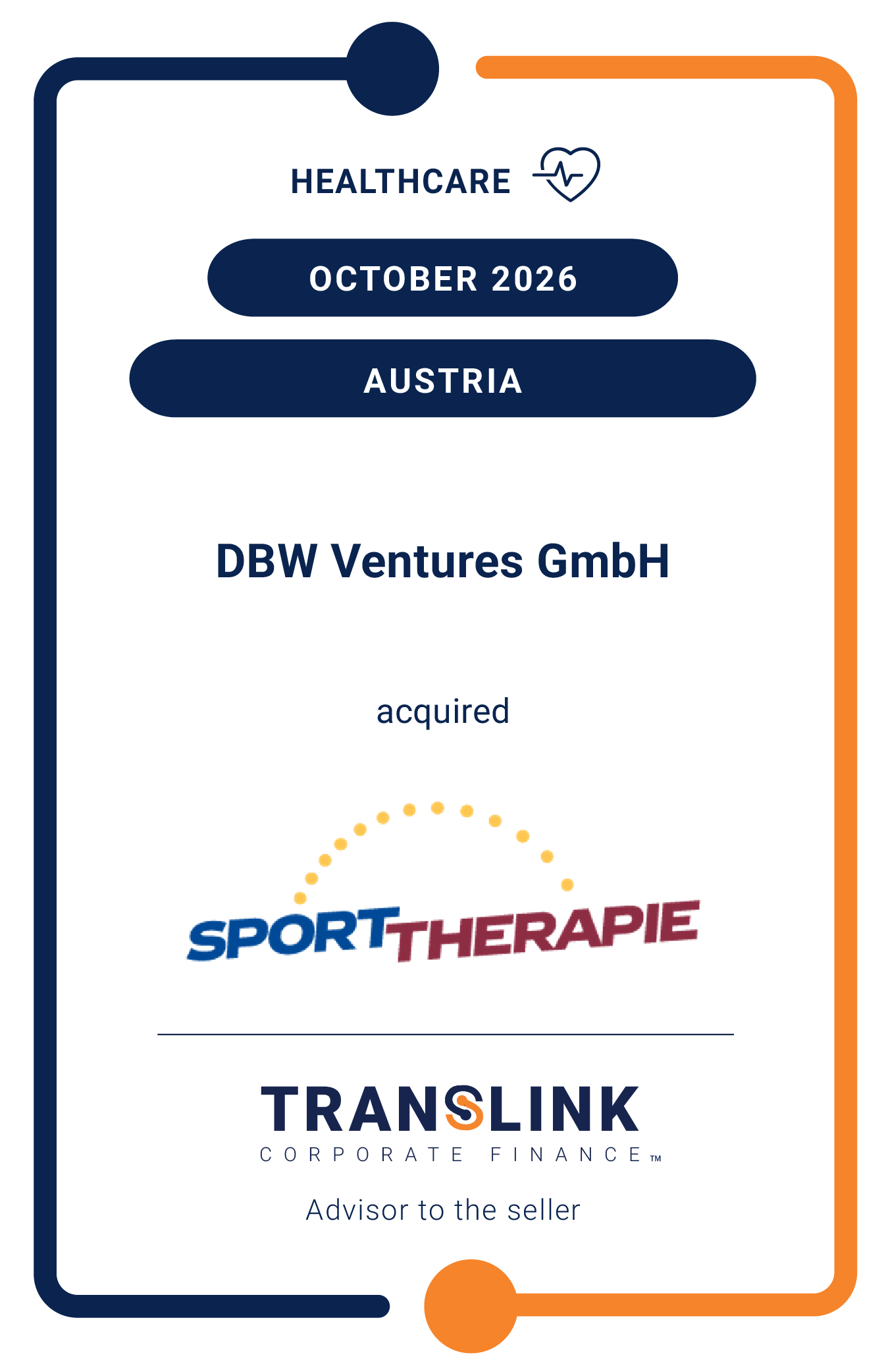 Translink Corporate Finance Austria acted as the exclusive advisor to the shareholders of Sporttherapie-Gesellschaft m.b.H. on its sale to DBW Ventures GmbH